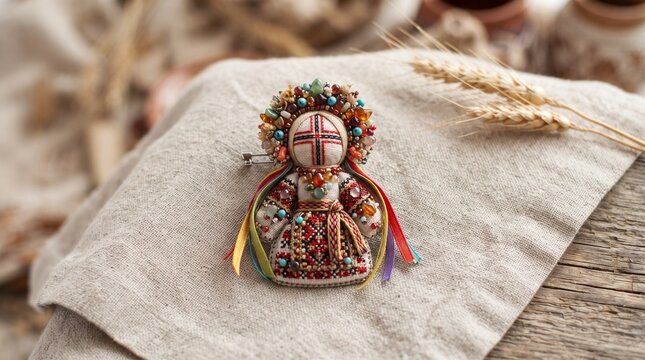 Traditional Motanka doll with embroidery and beads on linen. Handmade Ukrainian folk amulet. Ethnic textile doll on rustic background.