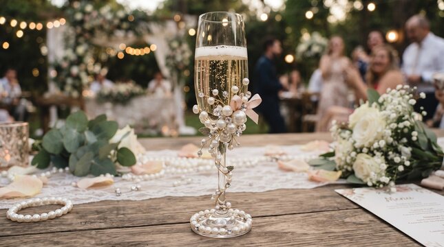 Elegant wedding champagne flute with pearls, decorated bridal glass on rustic wooden table, romantic outdoor reception decor