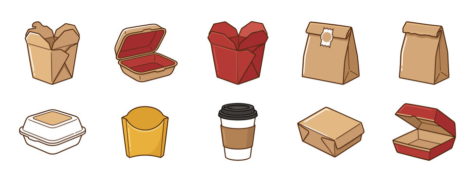 Take away food packaging and delivery containers vector illustration set with packaging container delivery