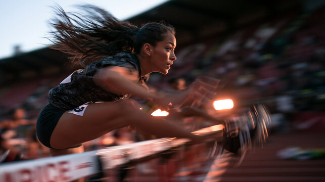 Female Athlete Jumping Over Hurdle During Track Race