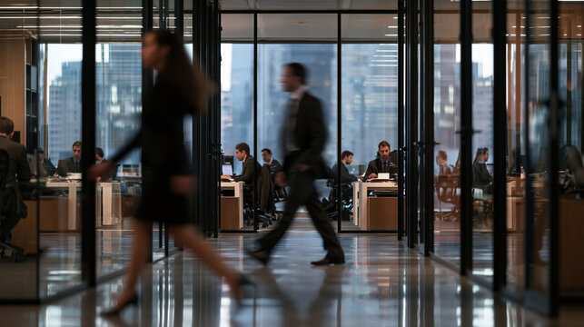 Business People Moving Through Modern Glass Corporate Office