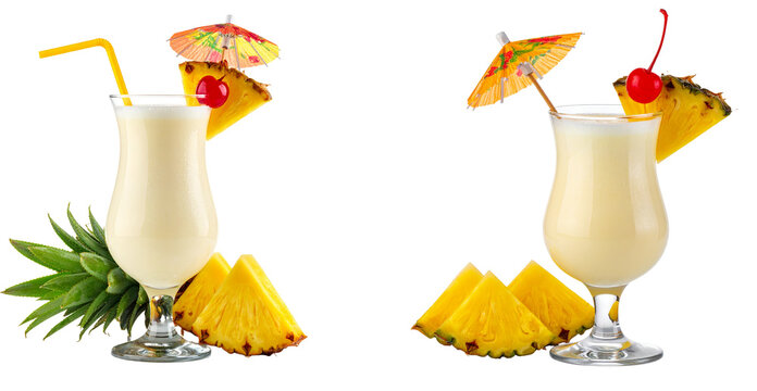 Two Pina Colada cocktails with pineapple and cherry garnish, transparent background PNG.