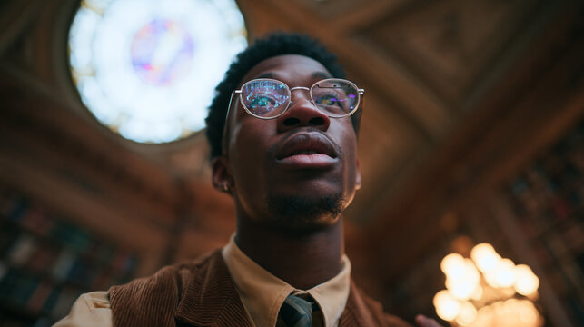 Young Black Student Looking Up in Historic University Library