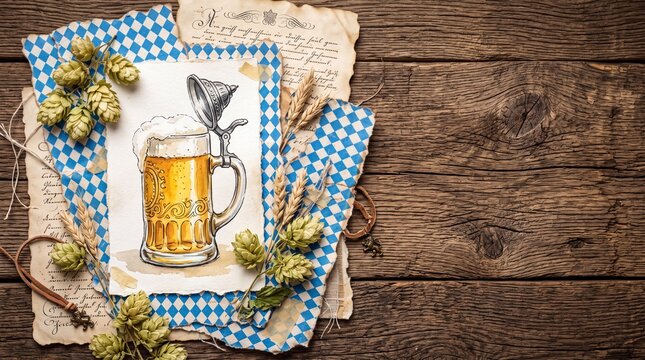 Oktoberfest Beer Mug Drawing with Hops on Wooden Background