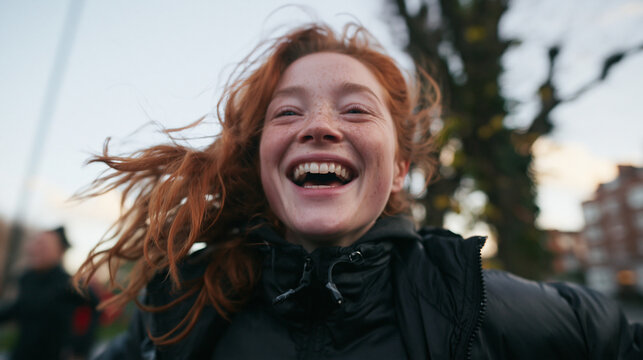 Joyful Young Redhead Woman Laughing Outdoors in Cold Weather
