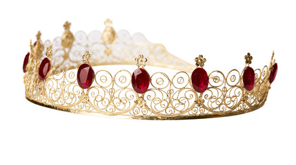Ornate gold tiara with red oval gemstones and intricate filigree © dominica