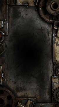 Grungy metallic frame with mechanical gears and dark center.