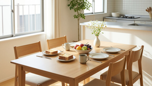 Bright Dining Room with Breakfast Table and Fresh Fruit