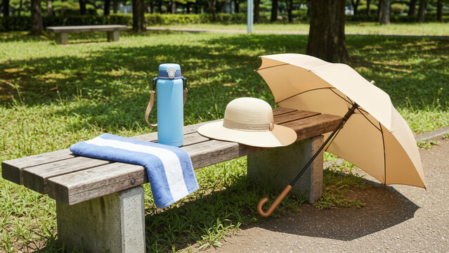 Outdoor Picnic Setting with Cooler Bottle, Hat and Towel in a Park
