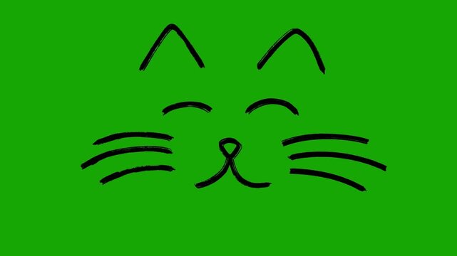 Hand-drawn looping animation of a blinking cat face silhouette. 4K resolution, green background, chroma key, overlay.