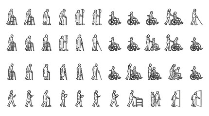 Fototapeta premium Elderly Patient CAD Elevation Vector Set Wheelchair Walker Cane Crutches Nurse 