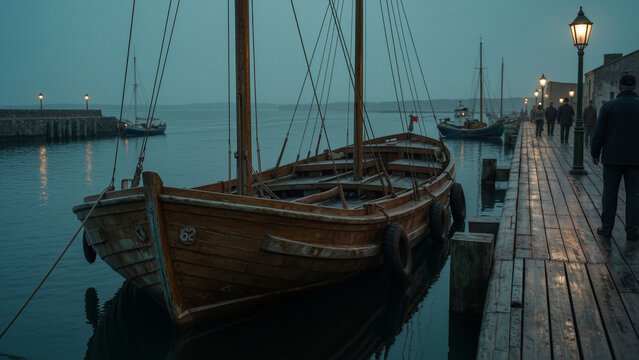 Old Wooden Sailing Boat Floating on a Calm Sea