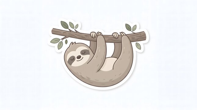  A simple and adorable illustration of a sloth hanging from a branch, designed in a minimal and modern style.