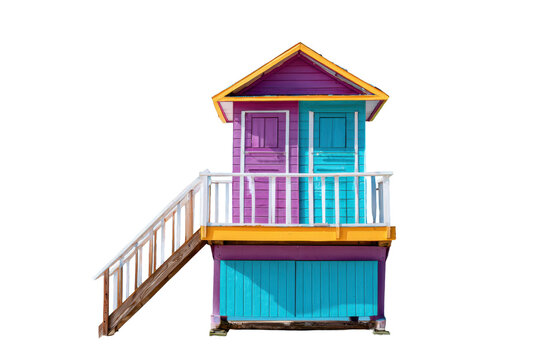 Colorful wooden beach lifeguard hut with staircase and balcony isolated on transparent background