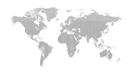 Fototapeta premium Dotted world map vector illustration composed of halftone grid points with halftone continents geography