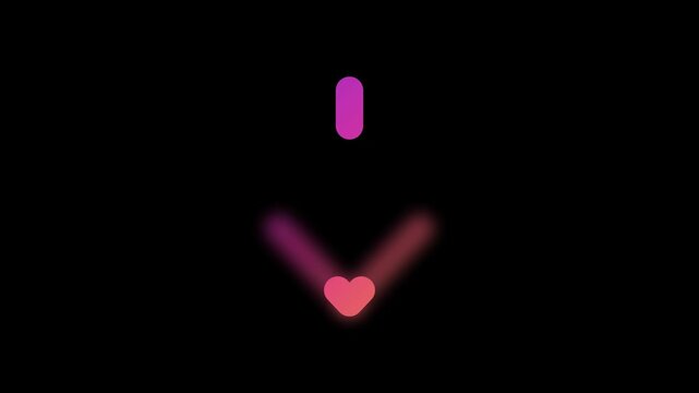 Gradient neon arrow icon pointing down, glowing pink and orange digital symbol isolated on black background for user interface design