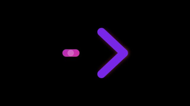 Abstract neon arrow icon pointing right, modern digital graphic design element with vibrant purple and pink gradient colors on black background