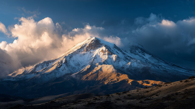 Pico de Orizaba snow-capped volcano at sunrise, alpine landscape, dramatic clouds, ultra realistic mountain photography, HDR, 8K, no people