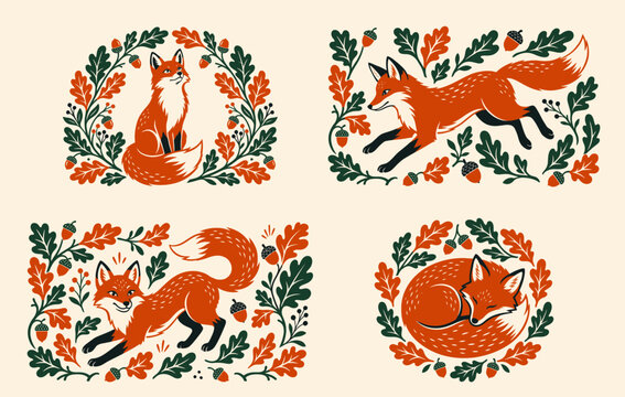 Illustrated set of red foxes in various poses surrounded by oak leaves and acorns in a Scandinavian folk art style.