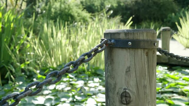 Wooden post and chain barrier beside a lush garden pond