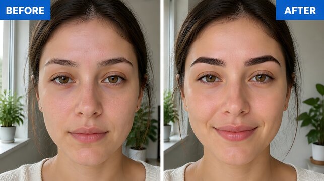 Before and After Eyebrow Microblading Treatment &ndash; Woman's Face Comparison
