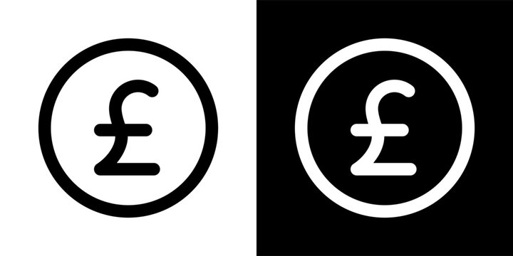 British pound sterling currency icon with outline and inverted styles. Financial symbol for banking, payment, wallet, cash, exchange, accounting, fintech, ecommerce and digital finance.