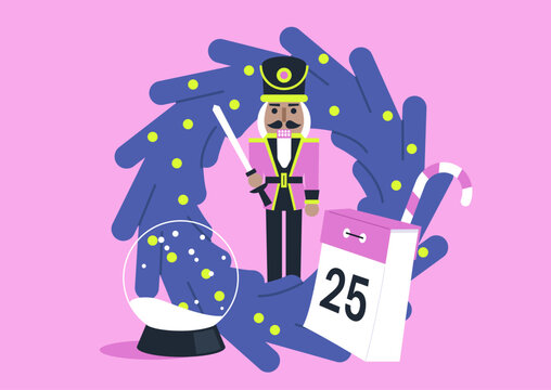 Delightful decorations showcase a nutcracker standing proudly amidst a cheerful wreath, a snow globe nearby, and a calendar marking the 25th, capturing the essence of festive anticipation