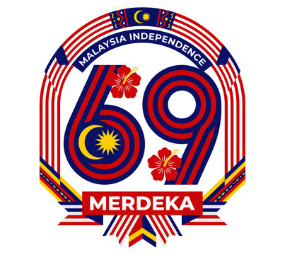 Malaysia independence day 69th merdeka celebration emblem badge vector design with national flag and hibiscus flower