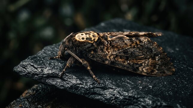 Death Head Moth With Skull Markings Resting On Dark Wet Rock Macro Shot