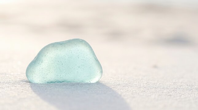 Close up of a single piece of smooth aqua sea glass resting on a sandy beach