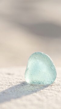 Close up of a smooth aqua blue sea glass piece resting on fine white sand