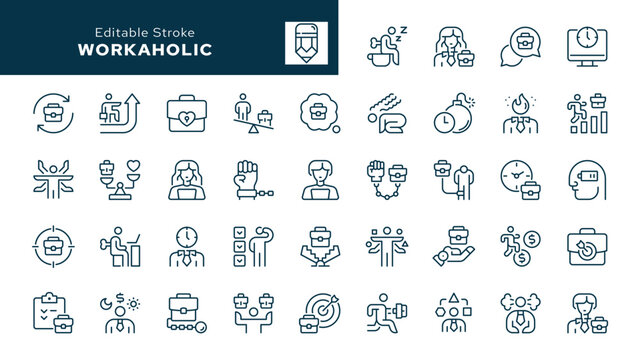 Workaholic and workaholism outline icons. Line icon in linear style. Vector collection	