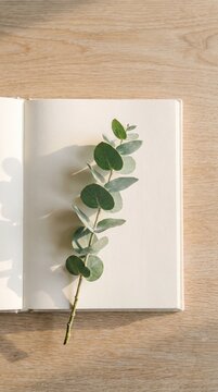 Eucalyptus branch resting on an open blank notebook on a wooden table