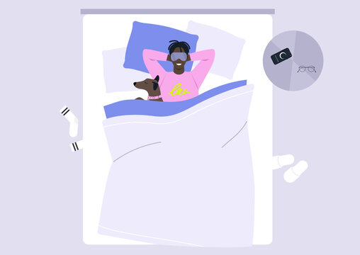 In a warm, inviting bedroom, a person lies peacefully asleep under a cozy blanket, with a dog snuggled close, creating a heartwarming scene filled with tranquility and comfort.