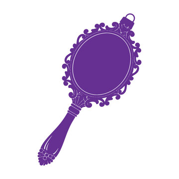 Purple vintage hand mirror with an ornate oval frame and decorative handle, classic vanity accessory isolated on white background