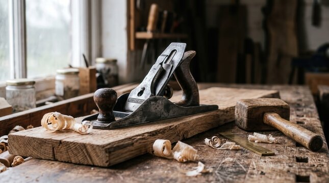 Vintage woodworking tools including a hand plane and mallet on a workbench with wood shavings