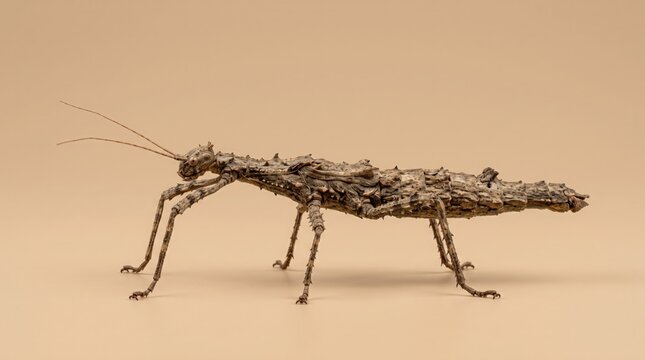 Detailed macro photograph of a spiky stick insect on a plain background
