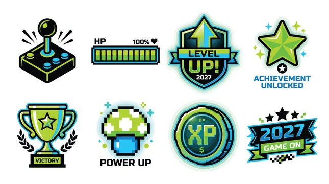 Gamified achievement badge set featuring joystick health bar level up and victory trophy for 2027 gaming interface design