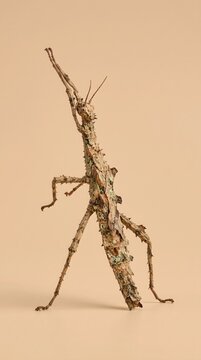 Spiky brown insect resembling a twig standing on a plain background