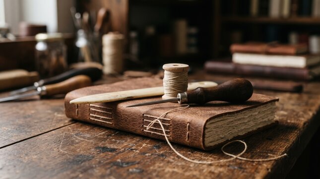 Leather bookbinding tools and materials on a rustic wooden workbench