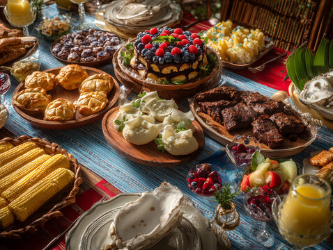 Premium Chilean Fiestas Patrias festive dining table filled with authentic Chilean cuisine including empanadas, pastel de choclo, asado, humitas, traditional desserts, fresh fruit beverages