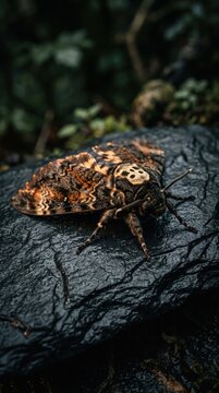 Death Head Moth Resting on Dark Wet Rock with Blurred Green Foliage Background