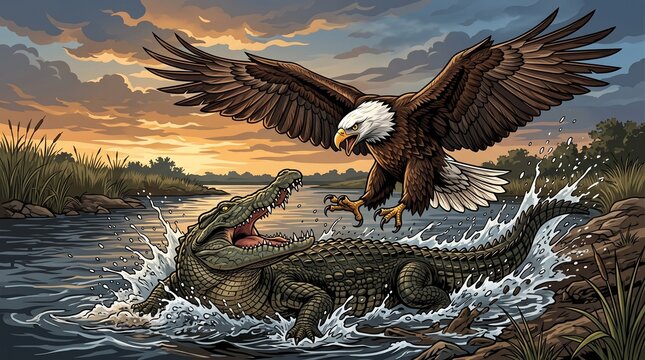Majestic bald eagle attacking a large alligator in a river, dramatic wildlife encounter at sunset, powerful nature scene with splashing water