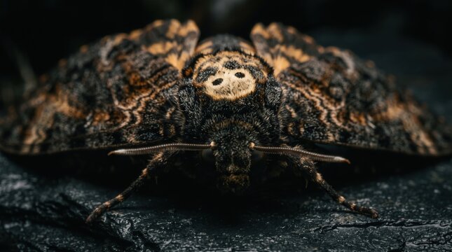 Death Head Moth With Skull Markings On Dark Textured Surface Macro Shot
