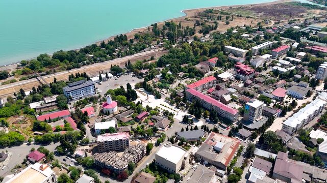 Lankaran Azerbaijan Coastal City Aerial View with Historic Lighthouse, Railway and Caspian Sea 4K