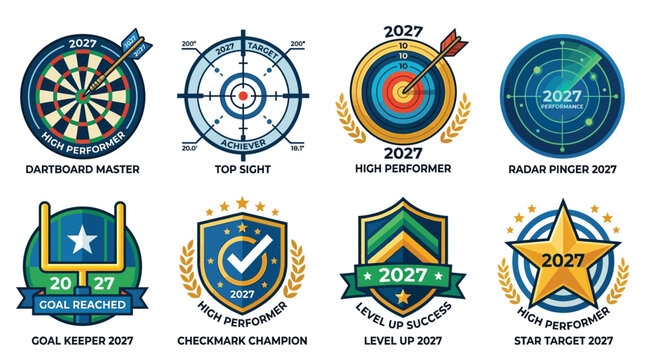 High performer 2027 achievement badges featuring darts and targets in blue and gold for business success tracking goals