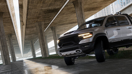 3D rendering of a tough off-road pickup truck positioned under a massive concrete bridge structure. Low angle front view highlighting the glowing headlights, aggressive grille, and wet road reflection © rittisak