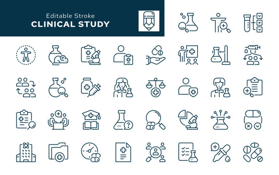 Clinical study outline icons set. Research, medical learning, trial, lamoratory, researcher, drug, preclinical, analysis, therapy, monitoring and more. Line icon in linear style. Vector collection