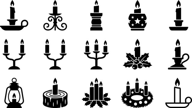 Black candle vector icon set featuring diverse wax sticks in holders candelabras lanterns and festive holiday decorations for graphic design