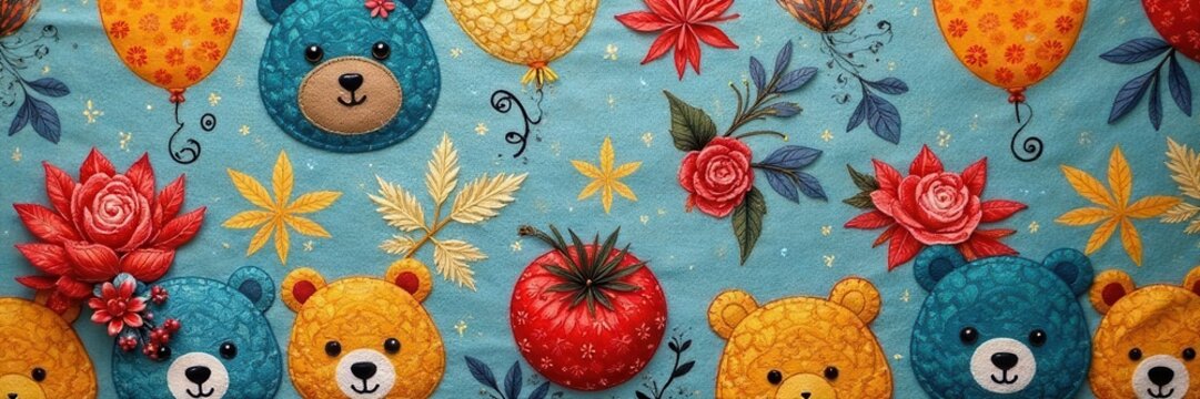 Close-up happy bear textile pattern, greeting card mockup,  colorful,  whimsical